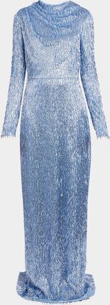 Erdem Cowl-Neck Long-Sleeve Sequined Gown