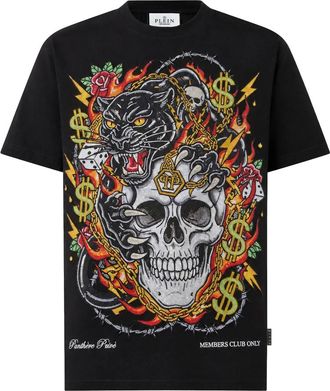 Philipp Plein T-Shirt met ronde hals en Panther Skull - Heren - Tops - Zwart - Maat: 5XL Katoen