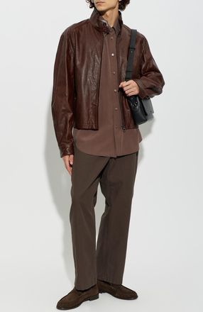 Christophe Lemaire Leather Jacket With A Stand-up Collar, Mens, Burgundy