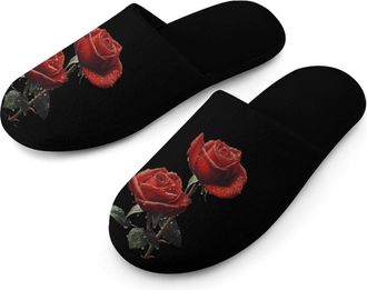 Generic Red Roses Mens Flannel Slipper Soft Non Slip House Shoes Comfy Winter Warm Indoor Outdoor Slippers