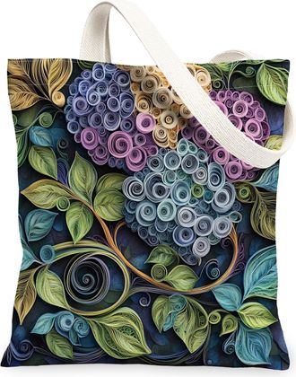 Generic Spring Quilting Paper Hydrangea Flower Canvas Tote Bag for Shopping 13x15, Floral Wildflower Reusable Grocery Print Bag for Women Men, Garden Aestheti