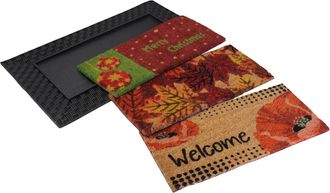 Imports Decor Seasonal Coir Door Mat Set with Rubber Tray, Interchangeable Coconut Fiber Inserts, Non-Slip All-Weather Indoor Outdoor Entrance Rug