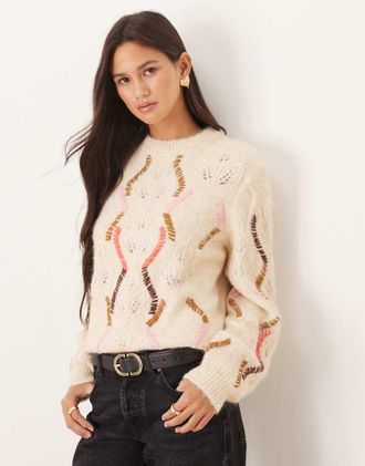 Vero Moda Maglione oversize premium color crema con cuciture a contrasto-Bianco