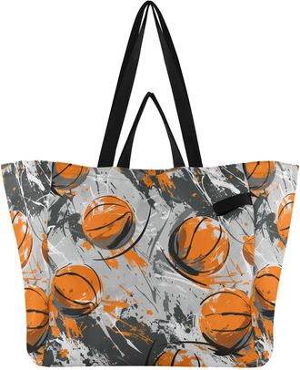 Generic Orange Basketballs pattern Reusable Canvas Tote Bag, Heavy Duty Grocery Shopping Bag with Double Handles Large Capacity Hard Bottom Work Groceries Tra