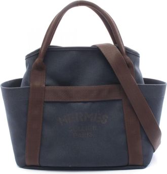 Herm&egrave;s Brown Navy Canvas Toile Chevron Handbag Tote Bag (Pre-Owned)