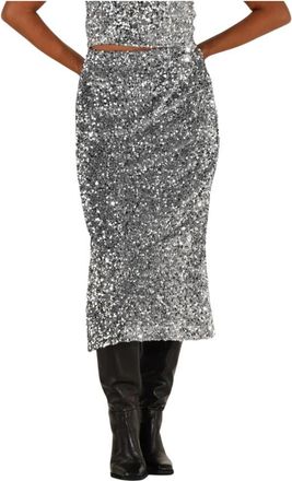 Notre-V Glanzende Zilveren Midi Rok - Dames - Midirokken - Grijs - L - Rokken