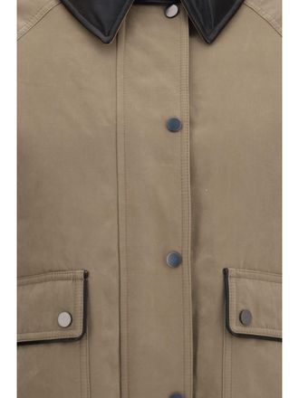 Brunello Cucinelli Womens Padded Down Jacket, Leather Collar, Mushroom Cotton