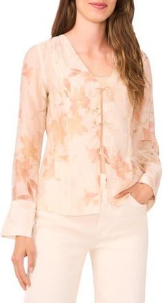Halogen Floral Tie Front Shirt in Silver Pink at Nordstrom Rack, Size Xx-Small