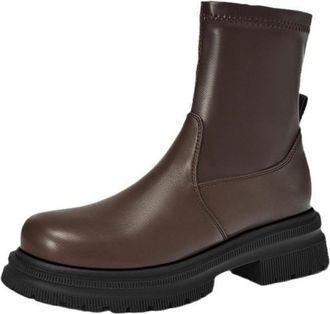 Generic Womens Round Toe Ankle Boots PU Leather Elastic Top Cuff Non Slip Wear Resistant Chunky Sole Side Zipper Pull Tab Comfortable Stylish For Daily Commut