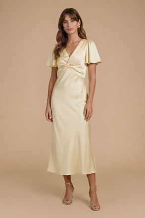 Oasis Womens Butter Yellow Satin Twist Front Angel Sleeve Midi Bridesmaid Dress - Size 14 UK