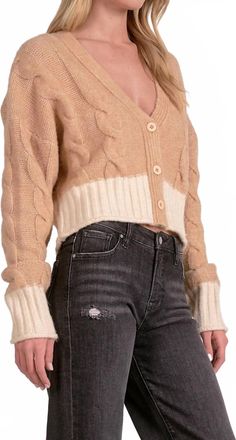 Elan Womens Two Tone Sweater Cardigan In Beige