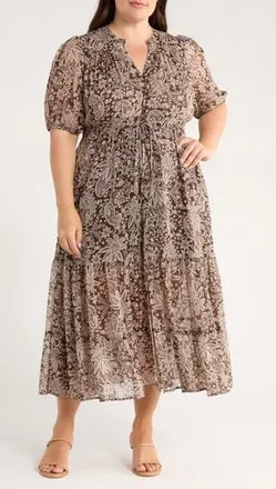 Gibsonlook Kira Print Drawstring Maxi Dress in Java Floral at Nordstrom Rack, Size 1 X