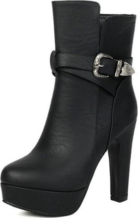 Generic Womens Fashion Buckle Strap Ankle Boots Platform Round Toe Chunky Heels Side Zipper Winter Casual Versatile Shoes (5.5,Black)