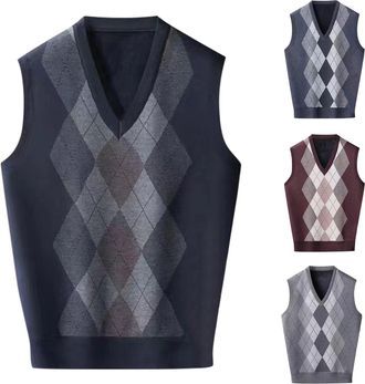 Generic Seeveless Jumpers for Men UK Knitted Gilets Mens V Neck Knitted Waistcoats Checkered Sweater Vest Pullover Knitwear Classic Knit Tank Tops for Mens Au