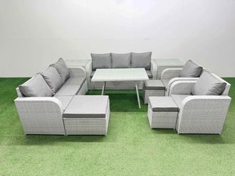 Fimous Rattan High Back Lounge Sofa Set with Reclining Chairs 2 Side Tables in Light Grey