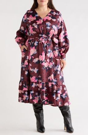 Caslon Belted Long Sleeve Satin Midi Dress in Burgundy- Blue Georgia Blooms at Nordstrom Rack, Size 4X