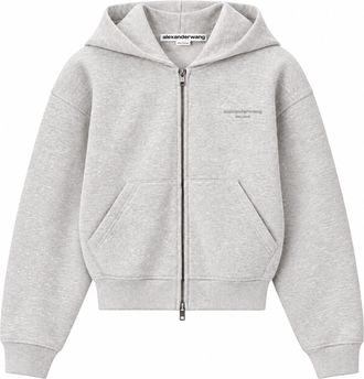 Alexander Wang Grey Crystal Logo Cropped Cotton Hoodie Sweatshirt
