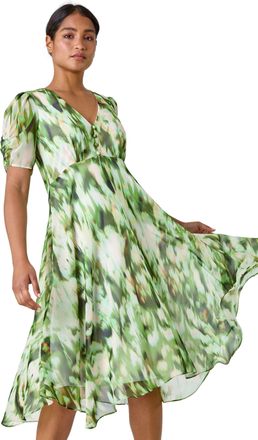 Roman Womens Abstract Chiffon Hanky Hem Asymmetric Dress - Green Fur - Size 12 UK