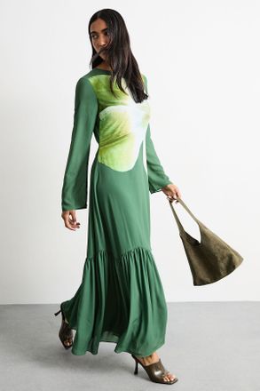 Warehouse Womens Chiffon Placement Print Midaxi Dress - Dark Green - Size 12 UK