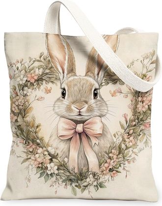 Generic Floral Rabbit Canvas Tote Bags, Vintage Bunny Design Reusable Grocery Bags, Spring Lightweight Washable Shoulder Strap Canv, Beige, 13x15 Inch