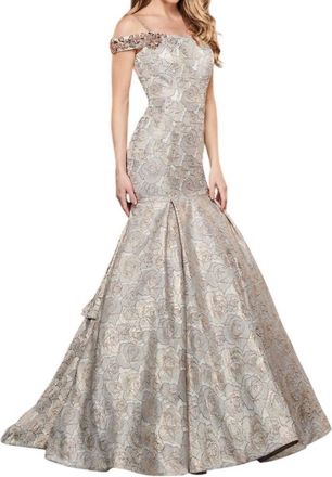 Rachel Allan Metallic Floral Jacquard Mermaid Prom Gown In Champagne/rose