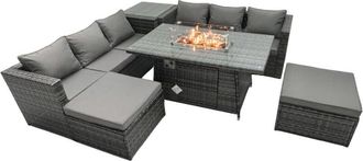 Fimous Rattan Garden Furniture Firepit Dining Set 6 Seater Lounge Sofa Table Set with Side Tables 2 Footstool - Fimous