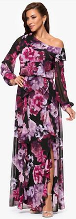 Xscape Printed Asymmetrical Long-Sleeve Maxi Dress In Nadia Print