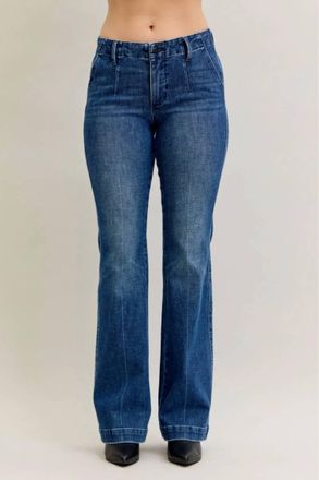 Judy Blue Mid Rise Trouser Bootcut Tummy Control & Welt Pockets Jeans In Dark Stone