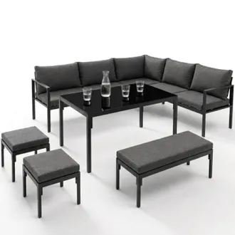 IDMarket Set Da Giardino Per Pranzi Nayla Da 8 Posti, Angolare, In Metallo Con Cuscini Grigi, Composto Da Tavolo Da Pranzo, Divano Angola