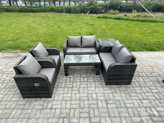 Fimous 6 Piece Rattan Garden Furniture Set Outdoor Patio Sofa, Table & Chairs Garden Table Ideal for Pool Side, Balcony, Outdoor Set in Dark Grey