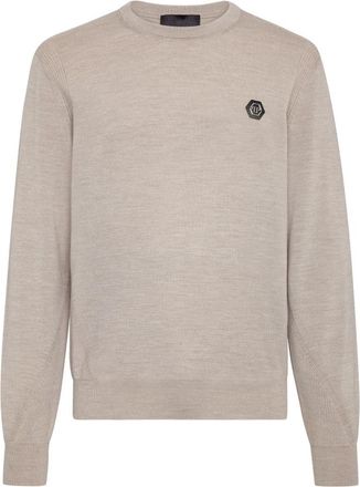 Philipp Plein Pullover Round Neck LS - Heren - Ronde hals truien - Beige - 3XL - Wol - Truien & Vesten