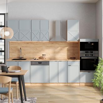 Vicco Mueble De Cocina Fame-line, Roble Azul Claro/gris Dorado, 300 Cm Con Armario Alto, Sin Encimera, Vicco