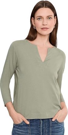 Lilla P Side Slit Split Neck Top Womens Clothing Seagrass : XS, Cotton