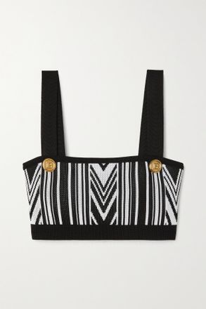 Balmain Crop Top In Maglia Jacquard Con Bottoni Gioiello - Nero