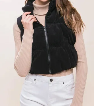 Love Tree Corduroy Zip Up Puffer Vest With Pockets In Black