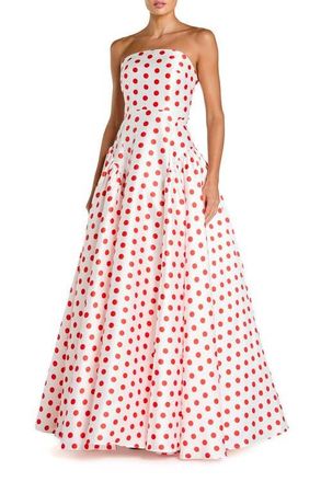 Mac Duggal Strapless Polka Dot Mikado Ballgown in White Multi at Nordstrom, Size 10