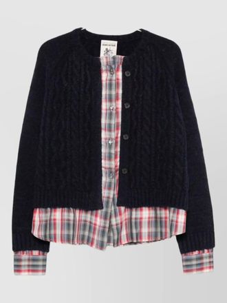 Semicouture cable-knit checked wool-blend cardigan