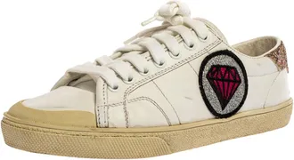 Saint Laurent White Leather And Glitter Trim Court Classic SL/37 Diamond Patch Low Top Sneakers Size 35
