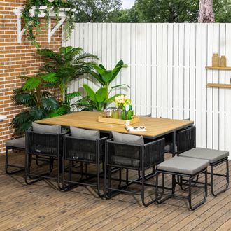 OUTSUNNY 11-PC Rattan Dining Set, 10-seater Table & Chair Sets with Space-saving Design in Black | Size: 11 Pack