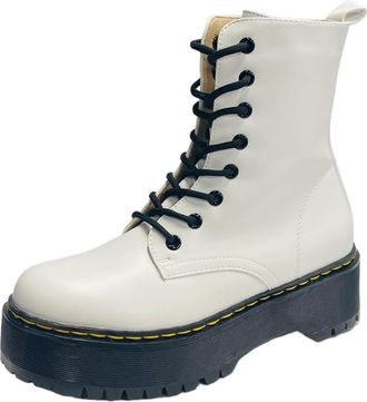 Generic Womens Platform Faux Leather Ankle Combat Winter Fashion Shoes Walking Boots (White, One Size, UK Footwear Size System, Adult, Women, Numeric, Medium,