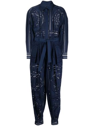 Alberta Ferretti Tuta intera in pizzo sangallo con cintura - Blu