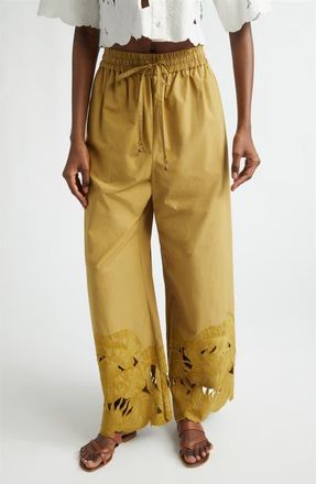 Zimmermann Mahon Embroidered Cutwork Cotton Wide Leg Ankle Pants in Moss at Nordstrom, Size 0P