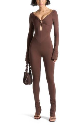 Mani&egrave;re De Voir Twisted Bust Off Shoulder Jumpsuit in Brown at Nordstrom, Size 2
