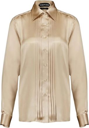Tom Ford Zijden Pliss&eacute; Shirt met Plastron - Dames - Overhemden - Beige - XS - Overhemden