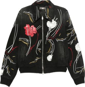 Amiri Denim jack met geborduurde bloemen - Zwart