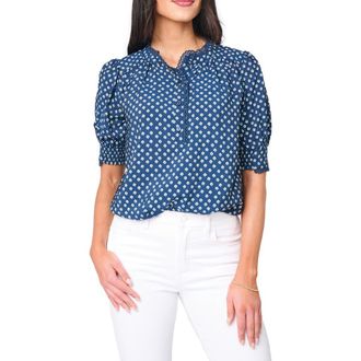 Gibsonlook Lace Trim Puff Sleeve Top in Navy Daisy at Nordstrom, Size X-Small