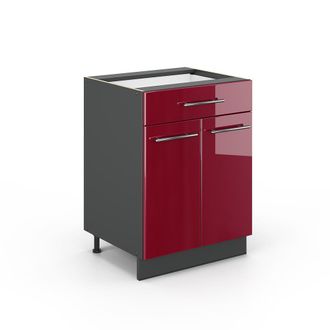 Vicco Mueble Bajo De Cocina Fame-line, Rojo Burdeos Alto Brillo, 60 Cm Con Caj&oacute;n, Sin Encimera, Vicco