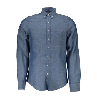 GANT Blauw Overhemd Lange Mouwen Italiaanse Kraag - Heren - Casual Overhemden - Blauw - S - Overhemden