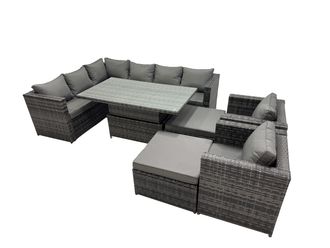 Fimous 10-seater Rattan Garden Furniture Dining Set with 2 Big Stools in Dark Grey