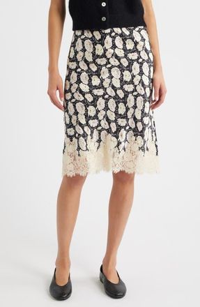 Dôen Elowette Floral Lace Hem Silk Skirt in Noir Fleurs Danemone at Nordstrom, Size Xx-Large